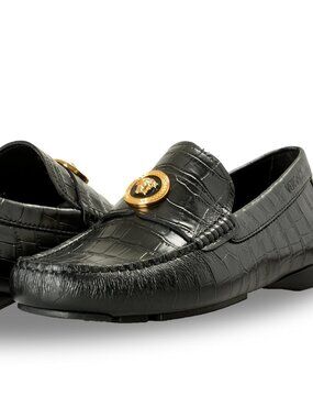 Versace Men's Black Leather Croc Print Medusa Driver Loafers Shoes US 5 IT 38